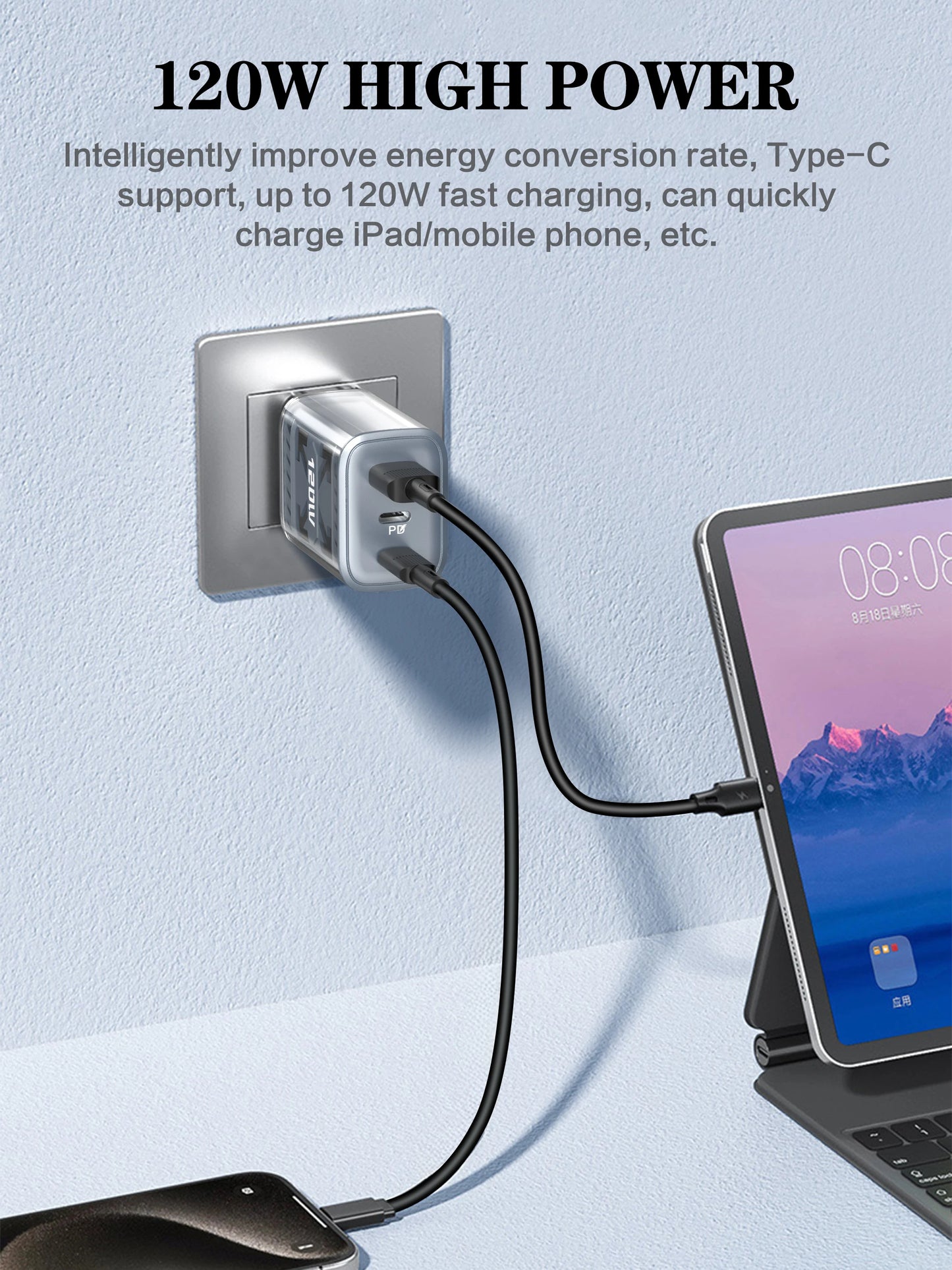120W Total Fast Charging Wall Adapter with PD USB-C & QC 3.0 Ports