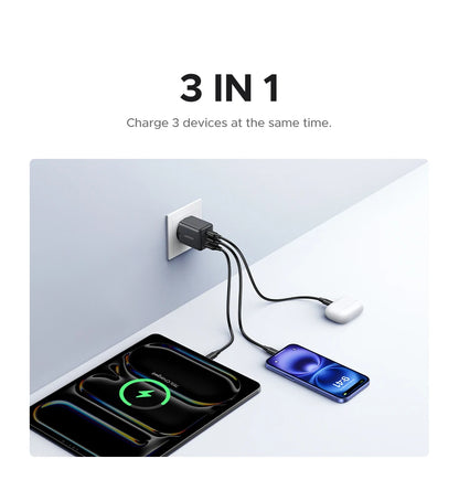 Chargeur rapide GaN 30 W | Adaptateur mural 3 ports