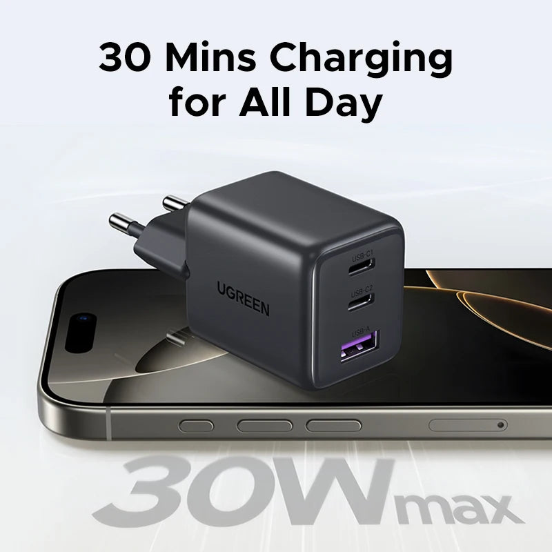Chargeur rapide GaN 30 W | Adaptateur mural 3 ports