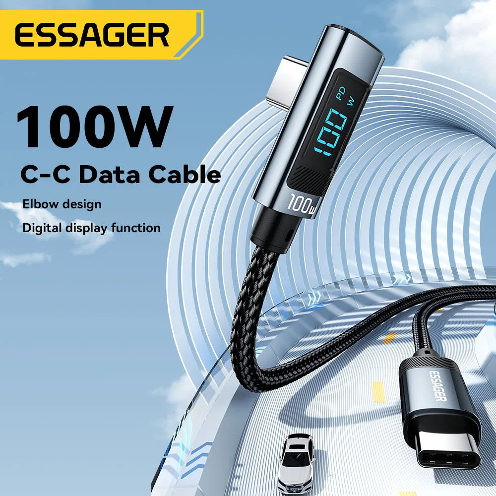 100W USB-C to USB-C 90° Fast Charge Cable with Display