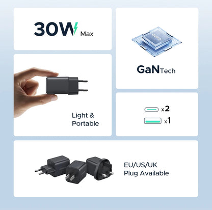 Chargeur rapide GaN 30 W | Adaptateur mural 3 ports