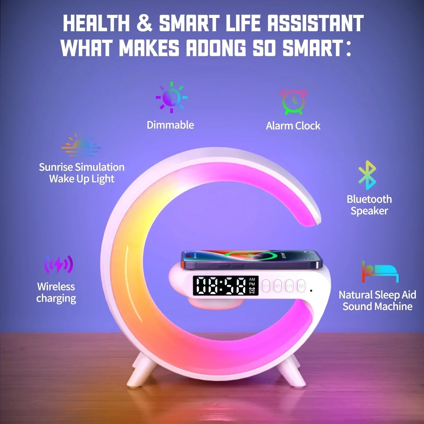 Multifunction RGB Light Wireless Charger Stand with Alarm Clock & Speaker