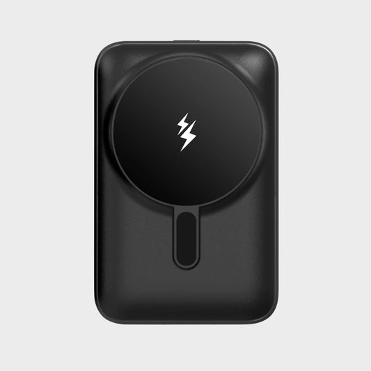 Black wireless charging pad with a lightning bolt symbol on a light gray background